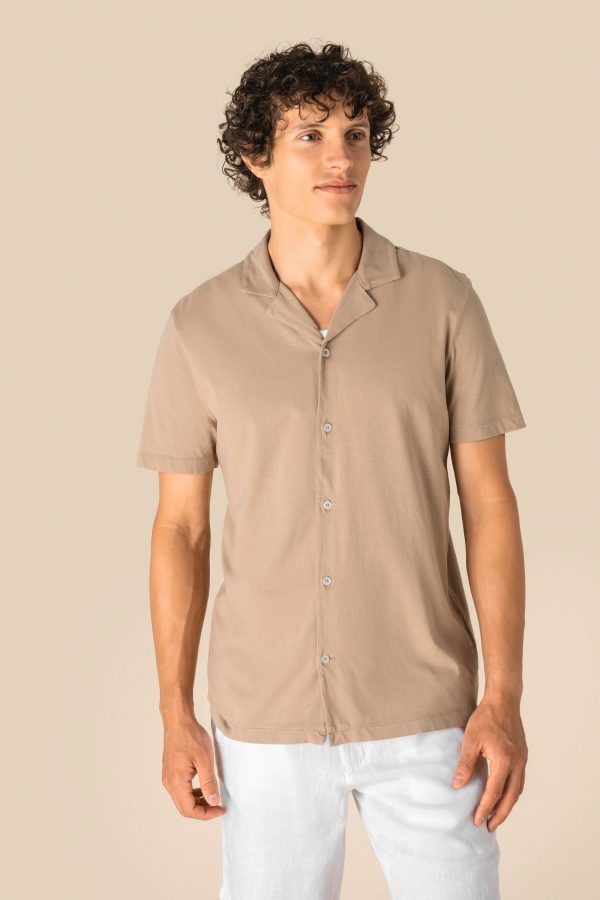 Camisa eco-responsável com aspecto lavado em jersey de manga curta com colarinho à bowling de homem