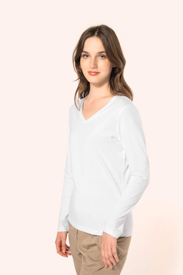 T-shirt Supima®  decote V de manga comprida de senhora