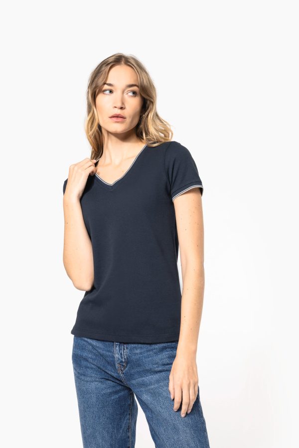T-shirt de malha piqué de senhora com decote V