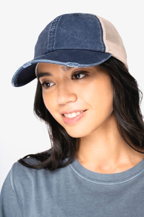 Boné trucker eco-responsável com efeito rasgado unissexo