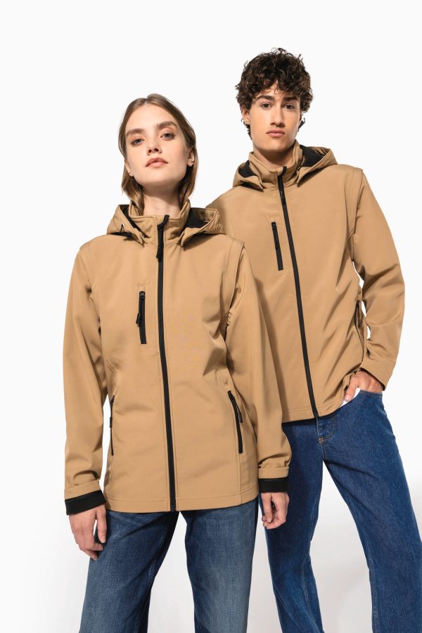Blusão softshell 3 camadas com capuz e mangas amovíveis unissexo