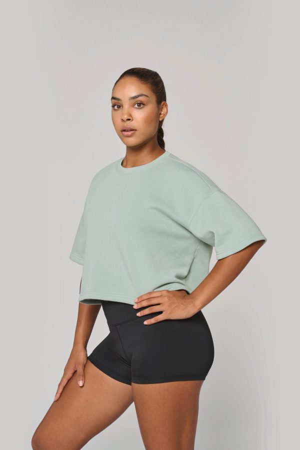 Sweatshirt «crop» de manga curta com decote redondo de senhora