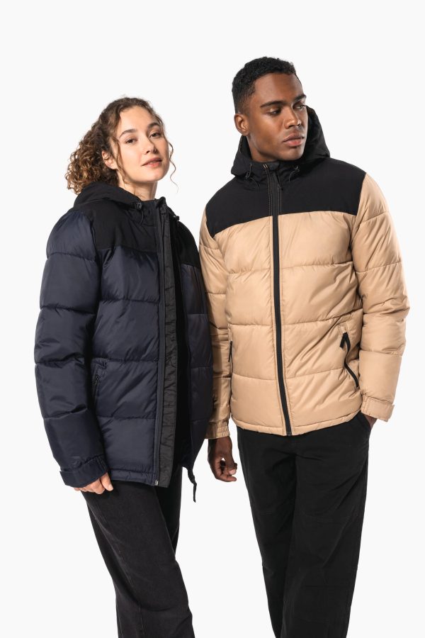 Parka acolchoada com capuz bicolor unissexo