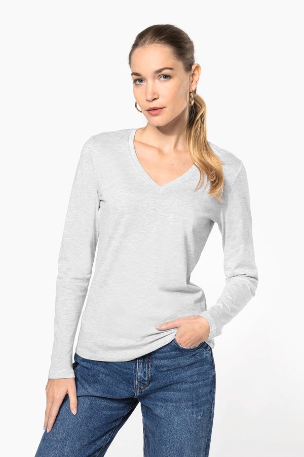 T-shirt de manga comprida decote V senhora